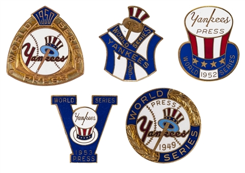 Lot of (5) New York Yankees "Five-in-a-Row" (1949-1953) World Series Press Pins